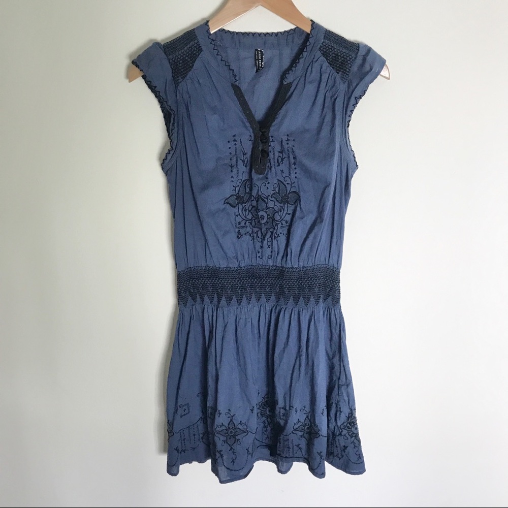 FREE PEOPLE Drop Waist Blue Black Smocked Dress